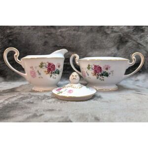 Noritake Gardena 3056 Creamer & Sugar Bowl with Lid Set Japan Floral Gold Trim